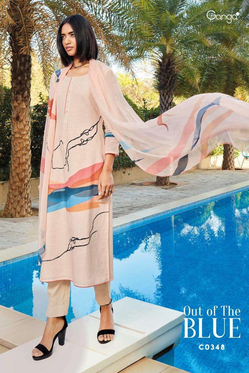 OUT OF THE BLUE BY GANGA FASHION 348 TO 352 SERIES DESIGNER SUITS BEAUTIFUL STYLISH FANCY COLORFUL PARTY WEAR & OCCASIONAL WEAR PURE LINEN DIGITAL PRINT DRESSES AT WHOLESALE PRICE